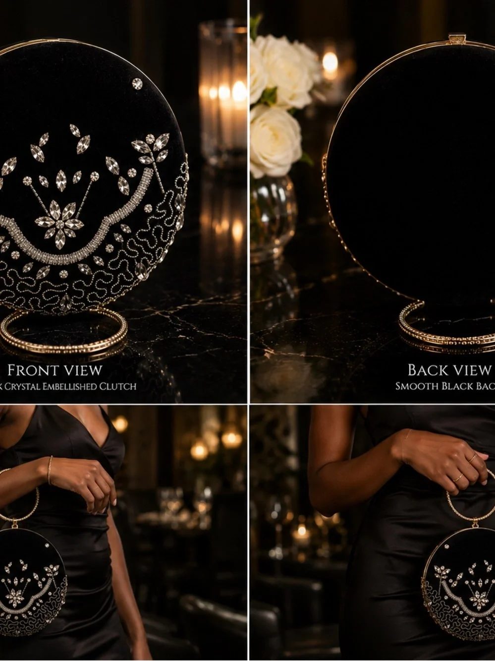 Black Crystal-Embellished Round Evening Clutch